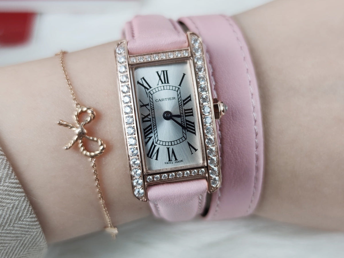 TANK AMERICAINE QUARTZ ROSE GOLD DIAMOND BEZEL SILVER DIAL