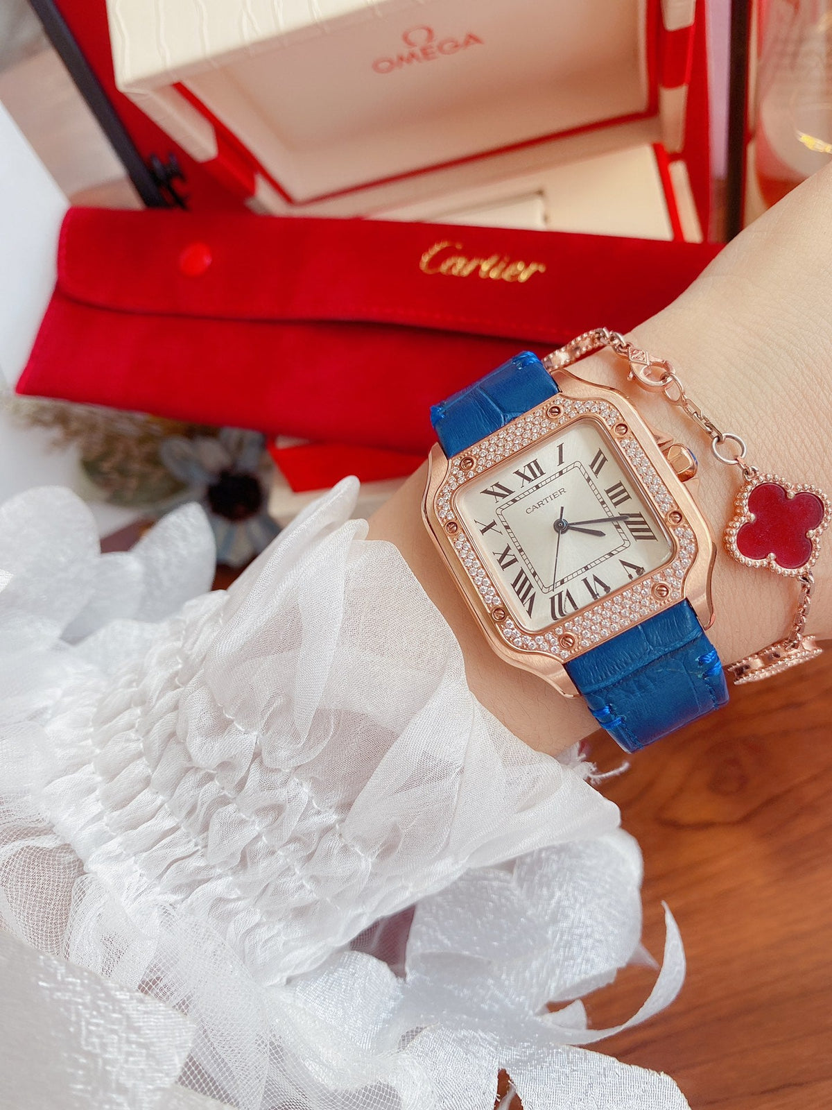 SANTOS LADY 35MM QUARTZ ROSE GOLD CASE DIAMOND BEZEL LEATHER