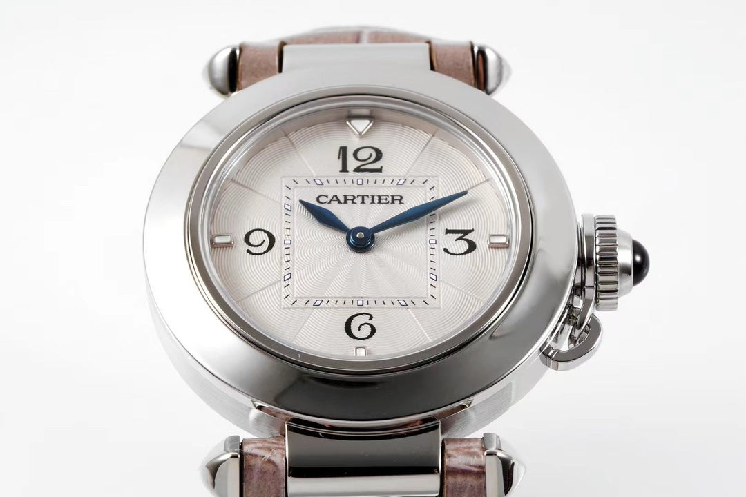 pasha 30mm quartz stainless steel pink dial light brown leather