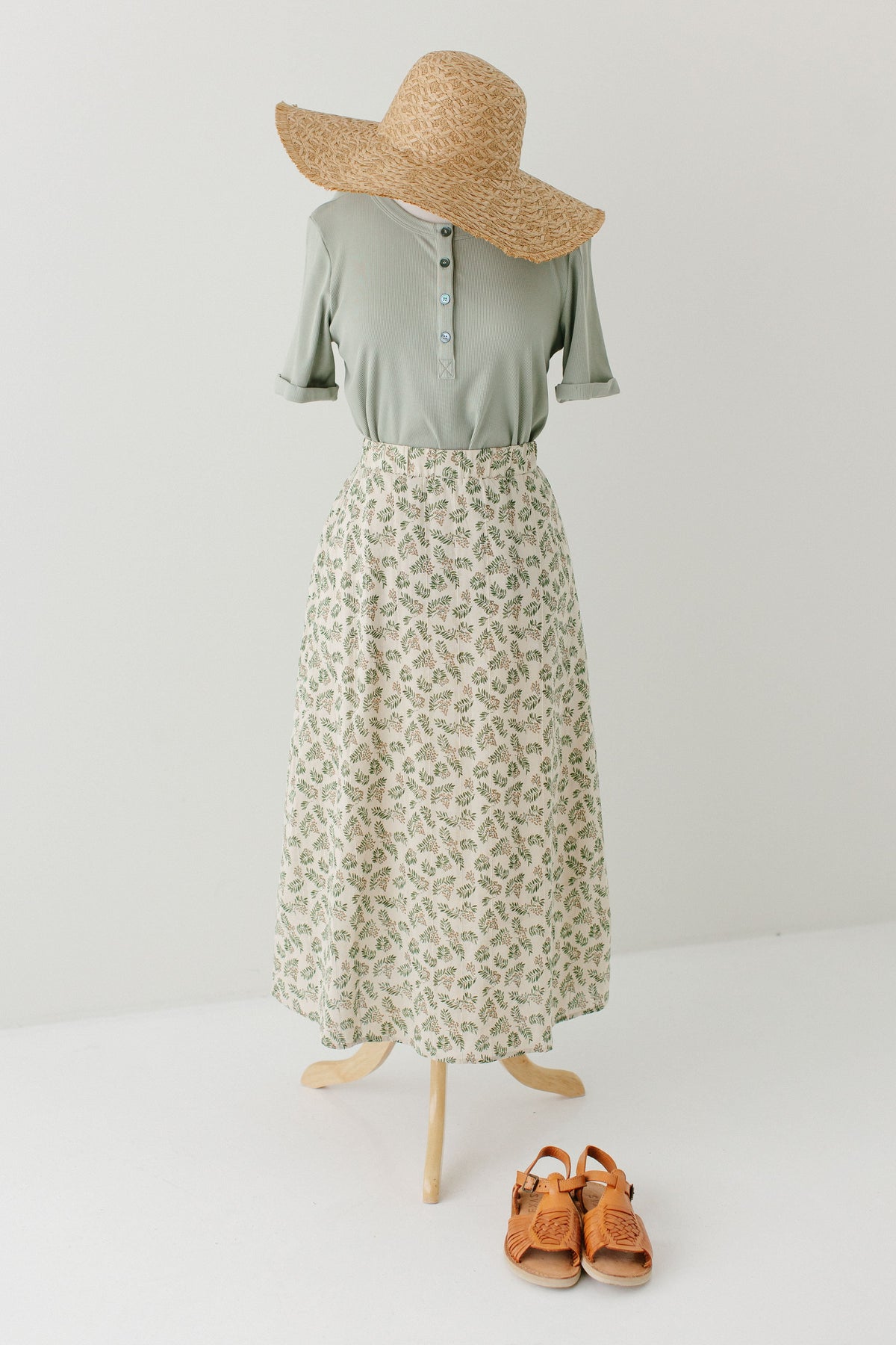 'Acacia' Leaf Print Cotton Midi Skirt in Tan FINAL SALE