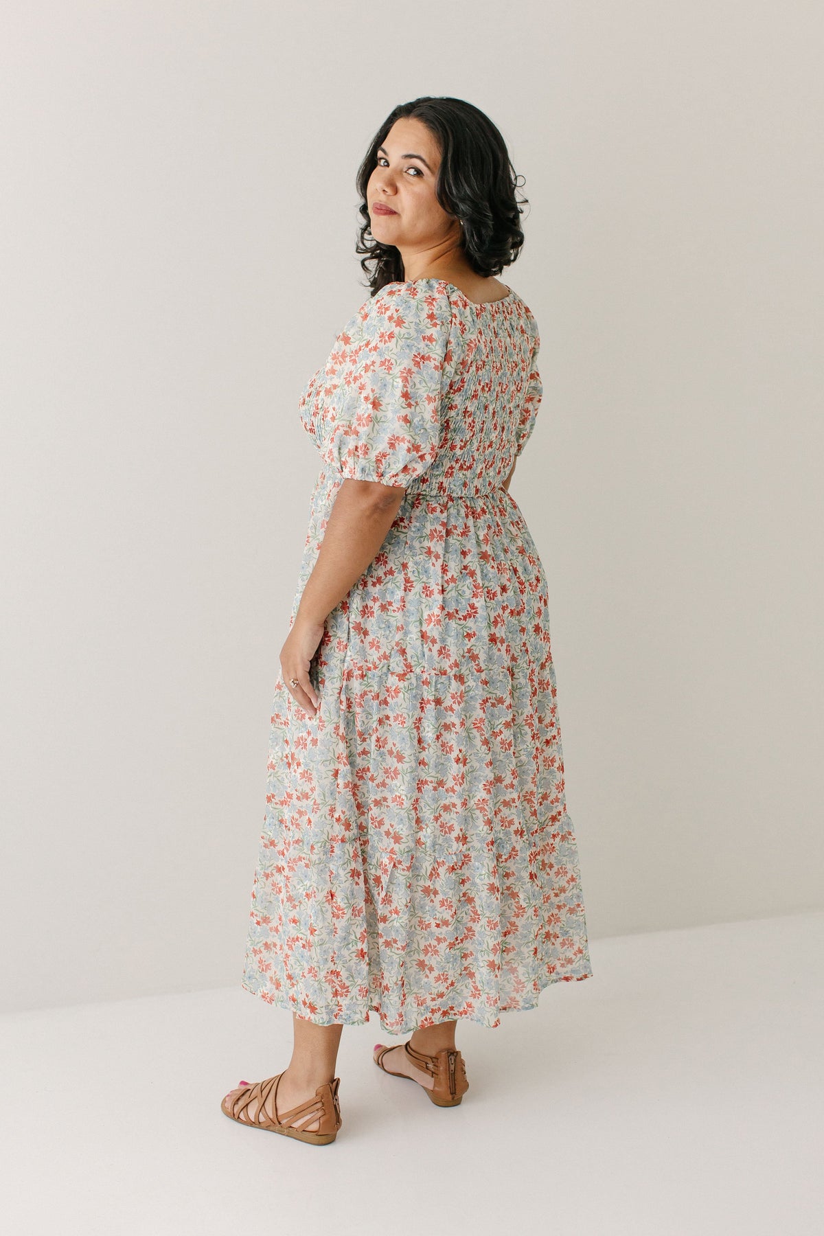 'Adelyn' Smocked Bodice Floral Embroidered Dress in Light Tan FINAL SALE