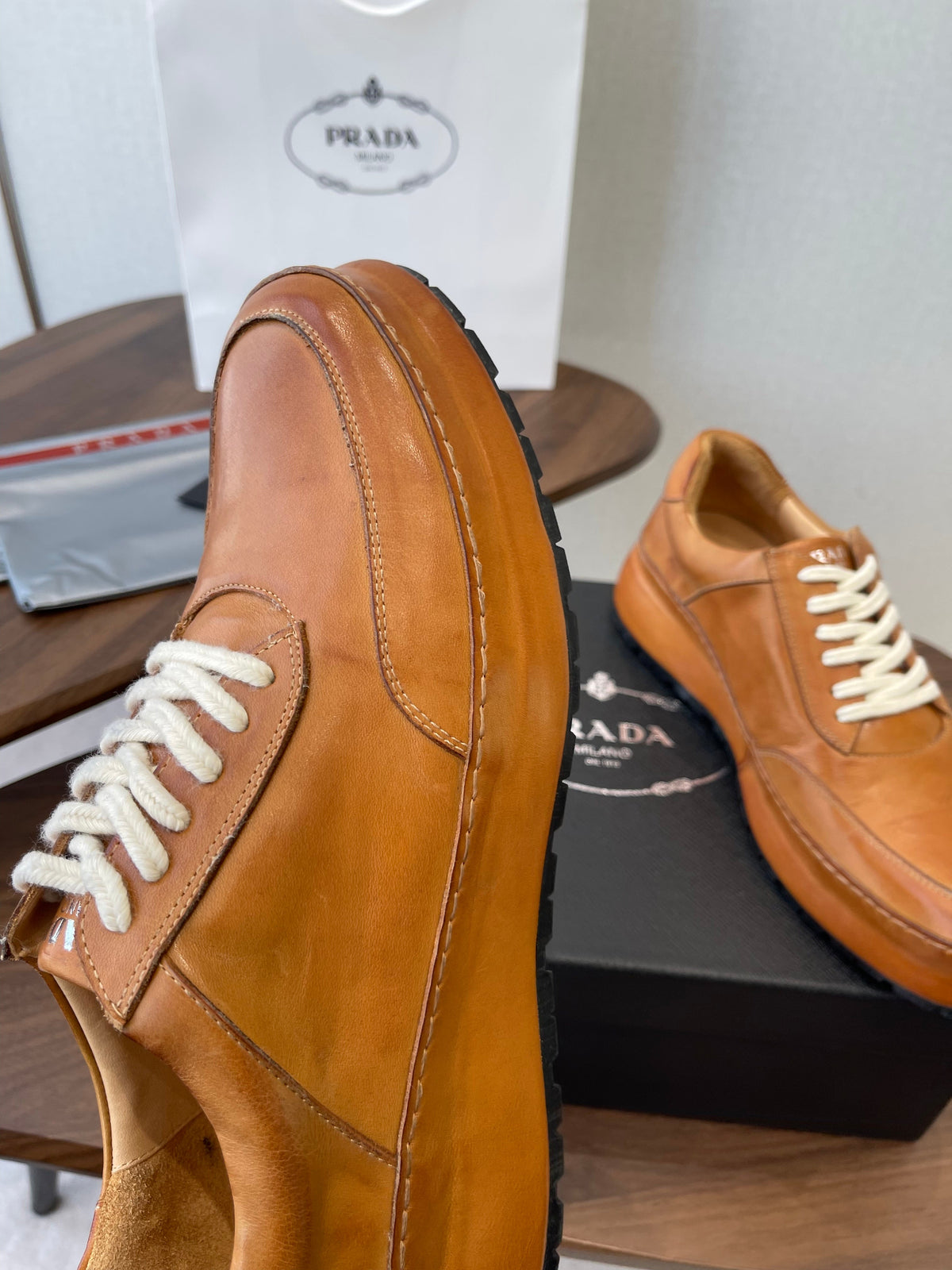 Prada Downtown Sneaker Brown Shiny Leather 727637
