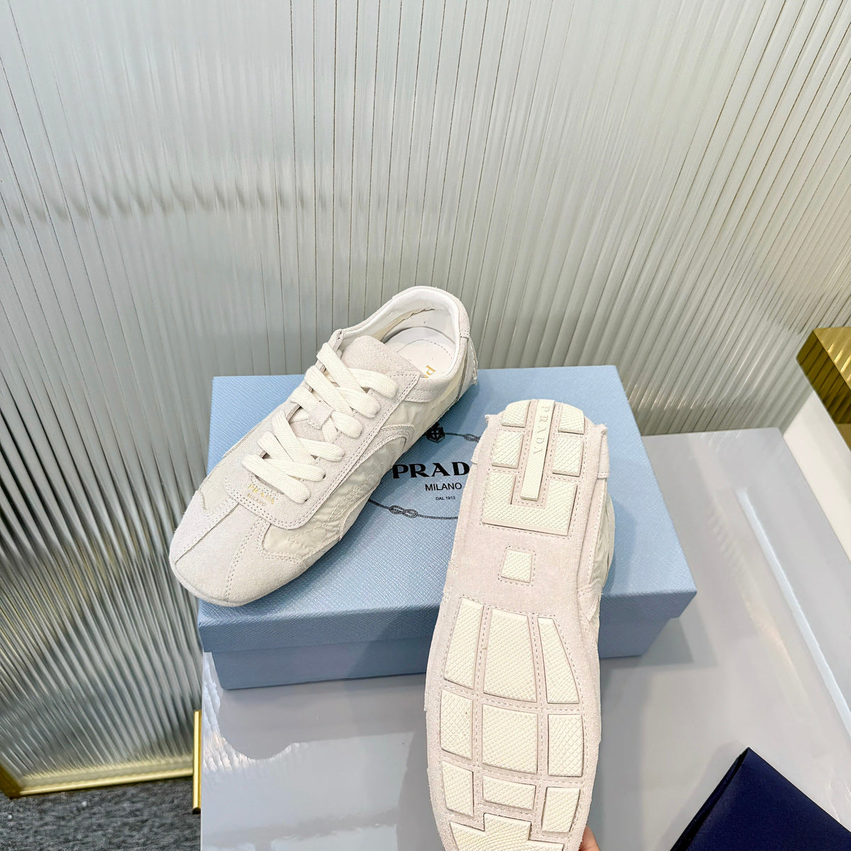 Prada Montecarlo Sneakers Grey Cream Re Nylon Suede 715030