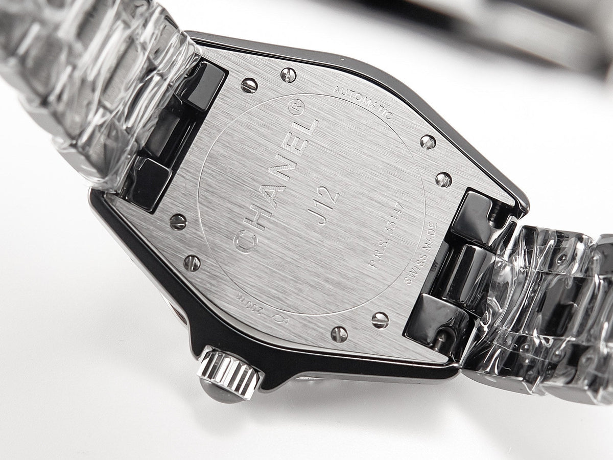 J12 Date Automatic Black Ceramic Diamond Numerals Black Dial White Steel Hands