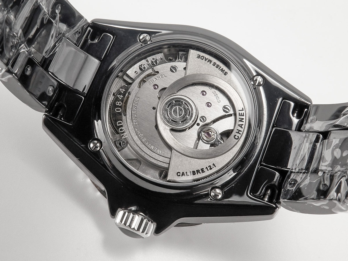 J12 Date Automatic Black Ceramic Diamond Numerals Black Dial Black Steel Hands