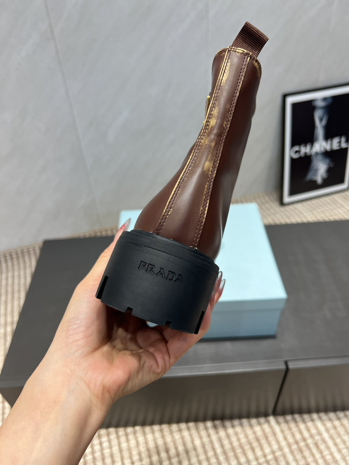 Prada 25 Martin Boots Brown Black Cowhide 501672