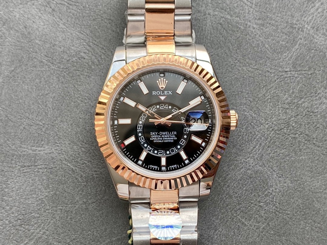 SKY-DWELLER TWO-TONE 42 ROSE GOLD BEZEL BLACK DIAL