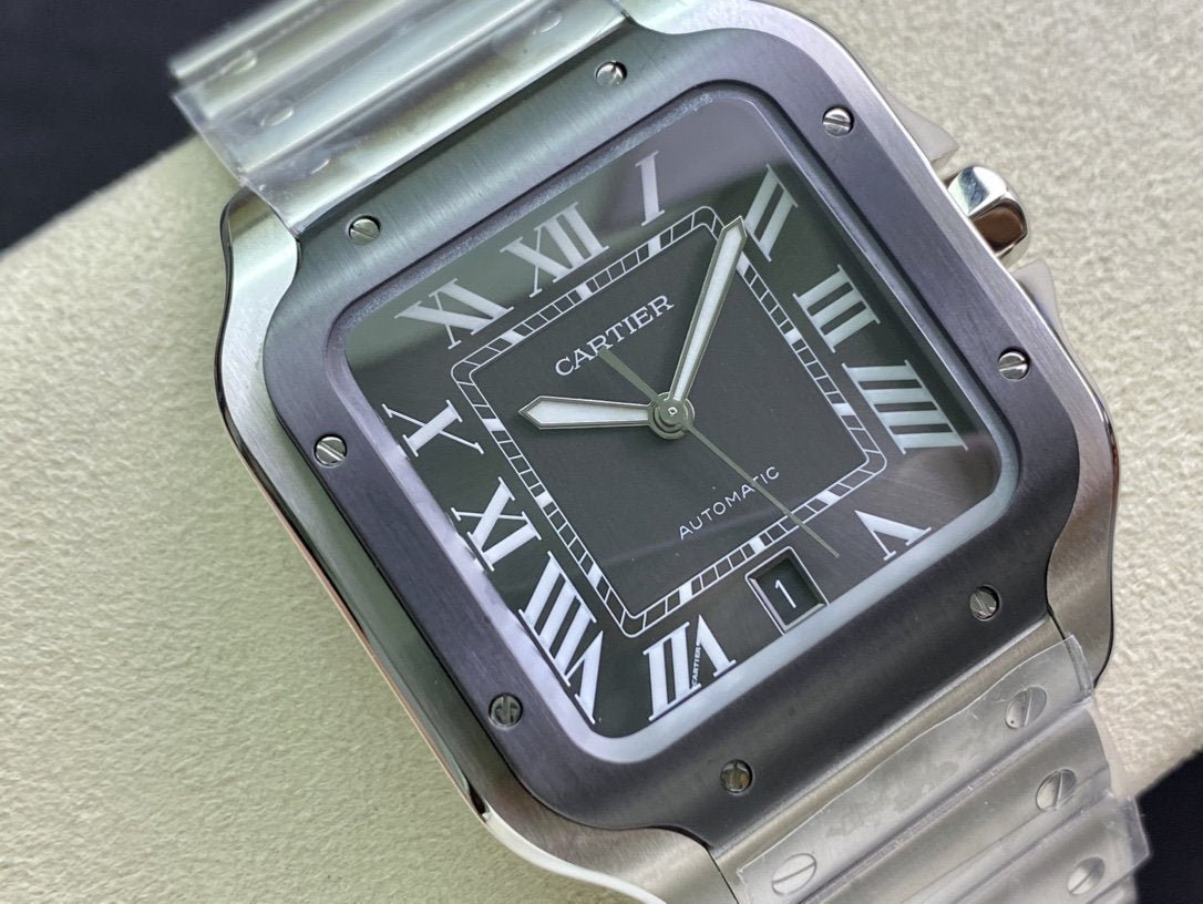 SANTOS DE CARTIE LARGE STEEL CASE BLACK BEZEL WHITE DIAL