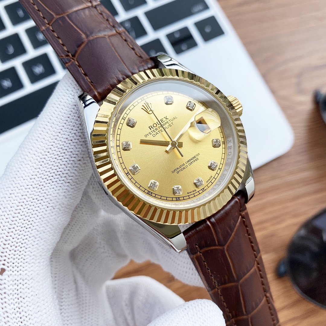 DATEJUST 41 STAINLESS STEEL DIAMOND NUMERALS LEATHER STRAP
