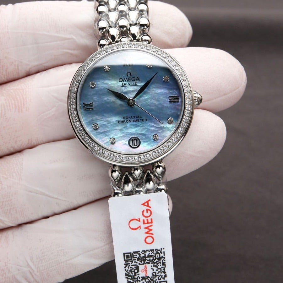 DEVILLE PRESTIGE 32MM STEEL DIAMOND BEZEL BLUE MOP DIAL