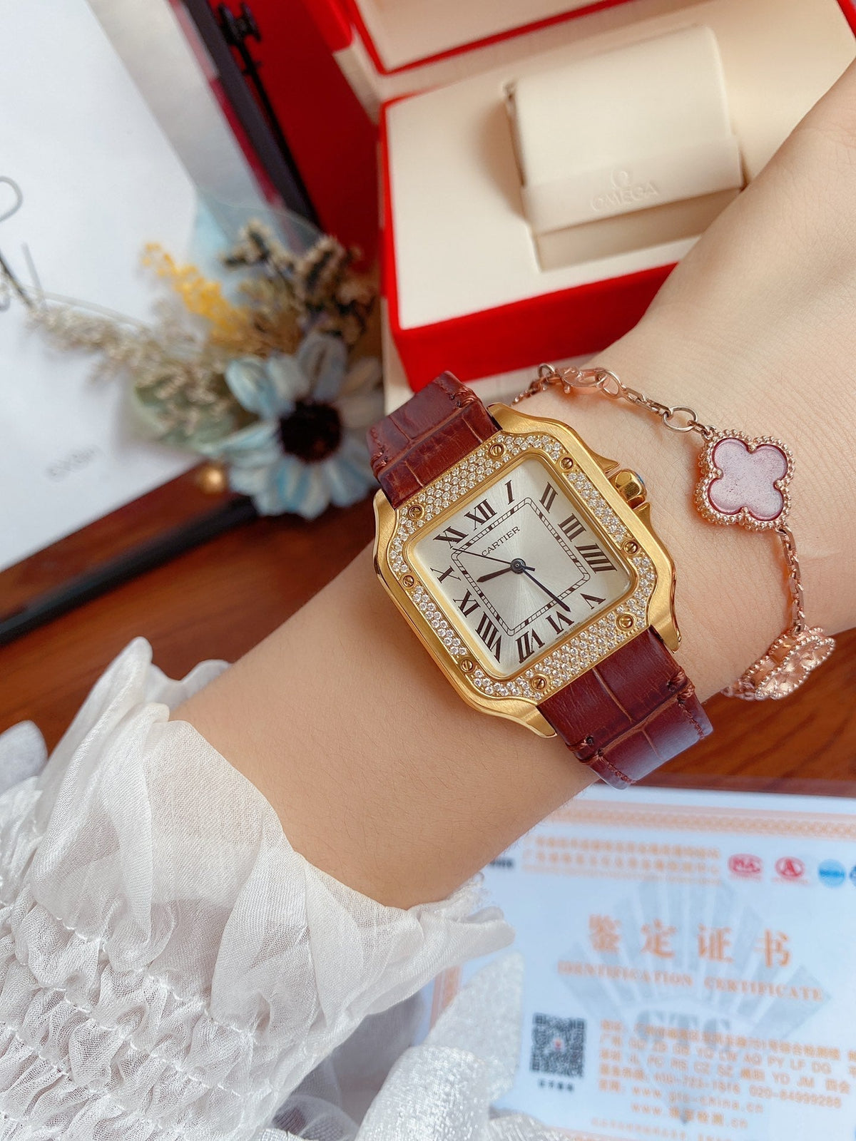 SANTOS LADY 35MM QUARTZ 35MM GOLD CASE DIAMOND BEZEL LEATHER