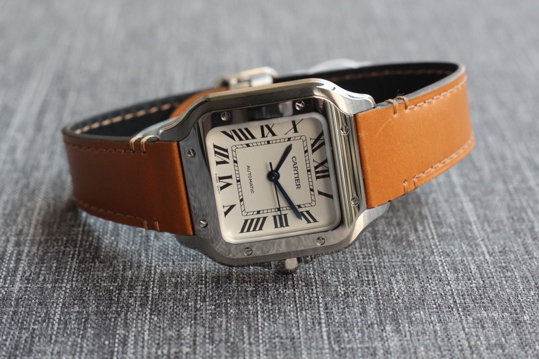 SANTOS 34MM STEEL CASE BROWN LEATHER