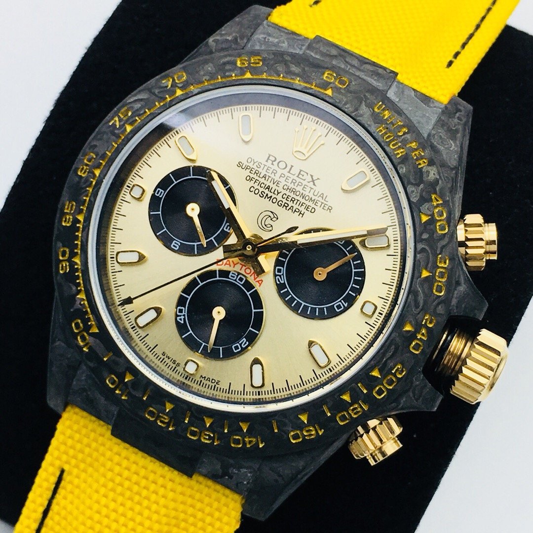 DAYTONA 40MM CUSTOM CARBON FILBER CREAM DIAL YELLOW TEXTILE