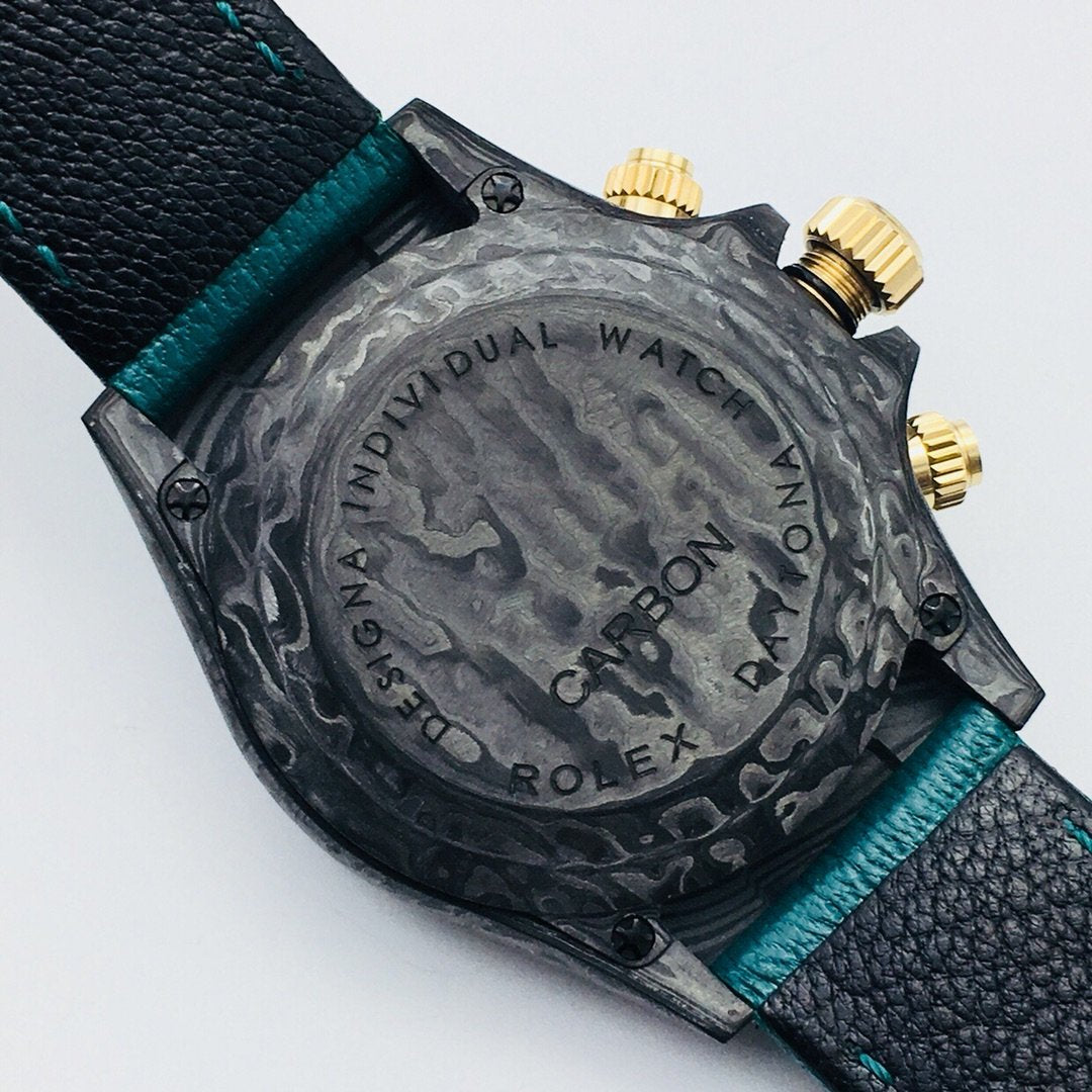 DAYTONA 40MM CUSTOM CARBON FILBER BLACK DIAL NAVY LEATHER