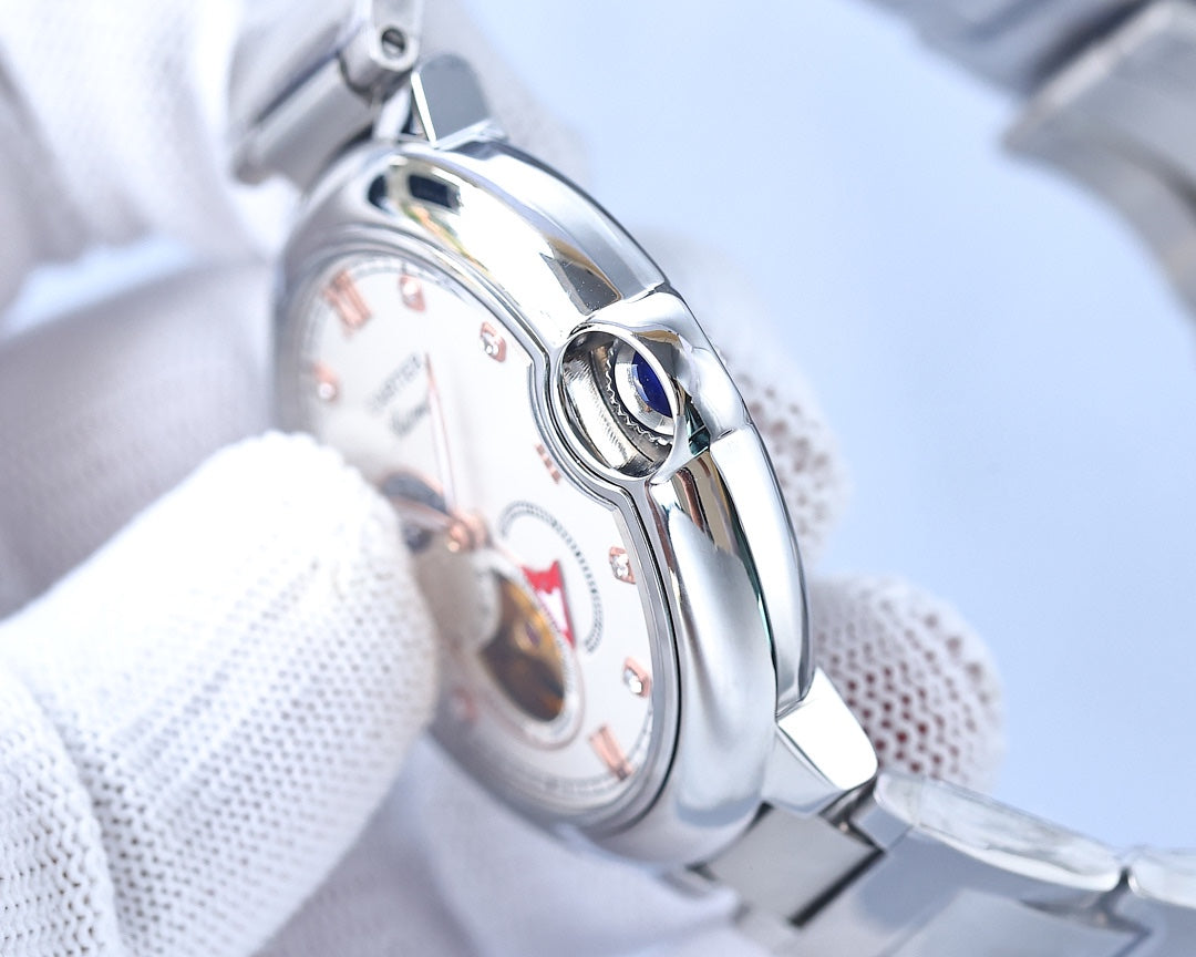 BALLON BLEU 36MM OPEN HEART PINK DIAMOND NUMERALS STEEL STRAP