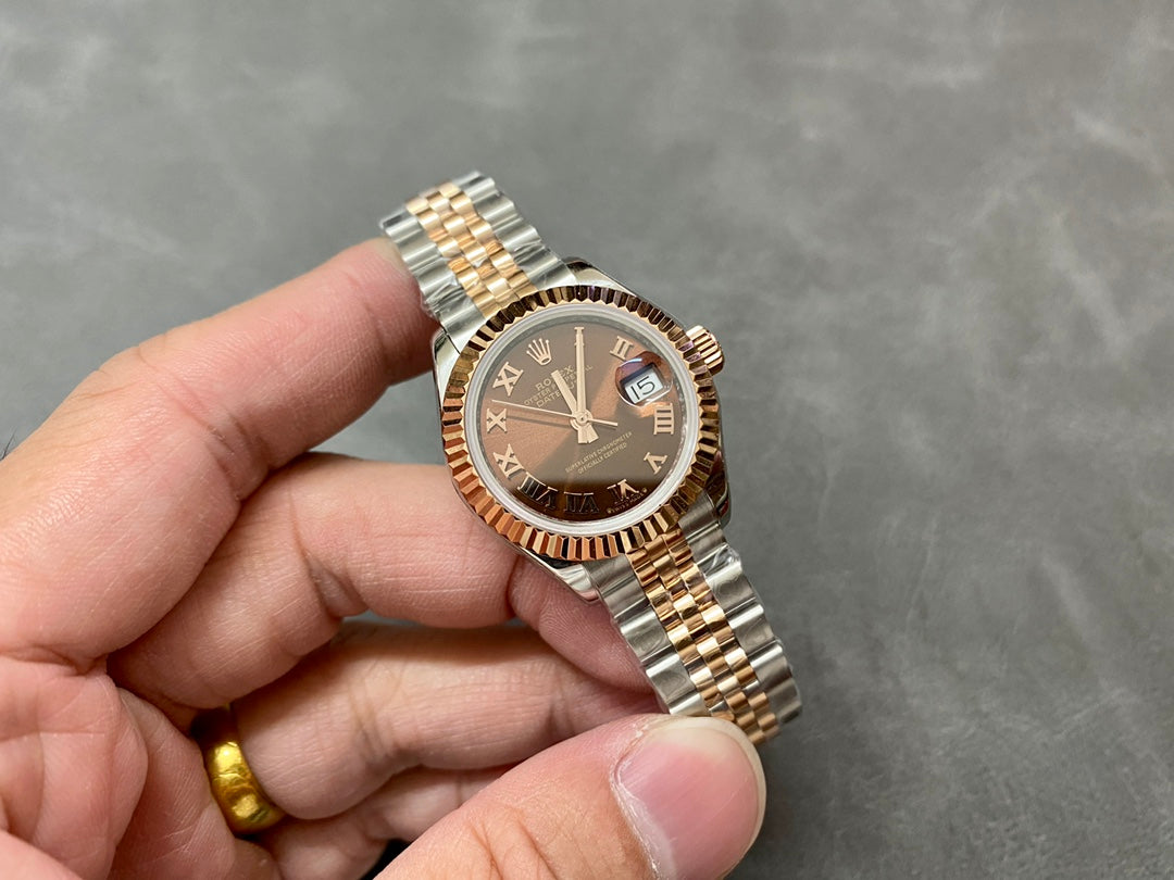 DATEJUST 28MM PINK GOLD STEEL CHOCOLATE DIAL