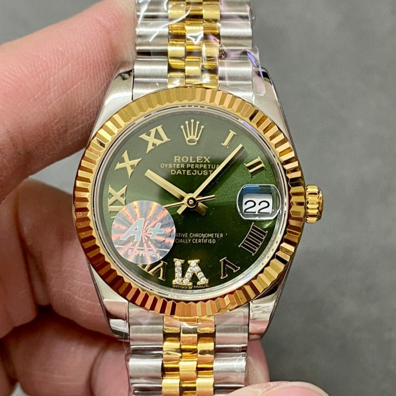 DATEJUST 36MM GOLD STEEL DIAMOND NUMERALS GREEN DIAL