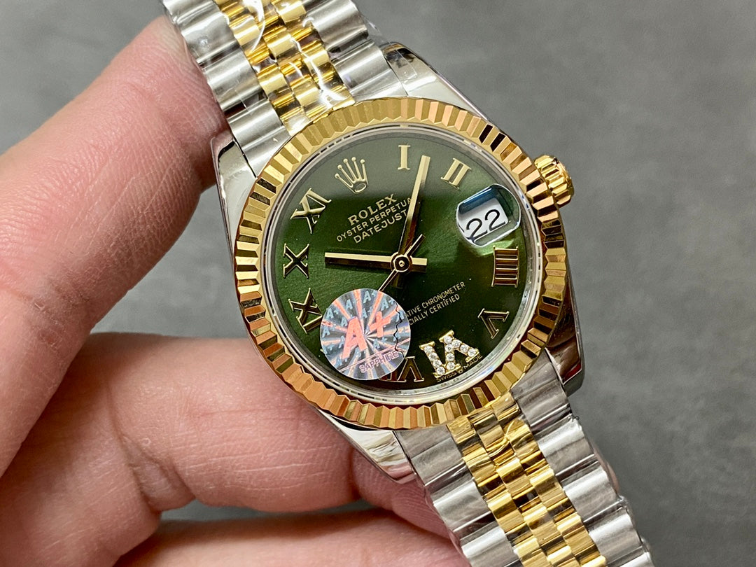 DATEJUST 36MM GOLD STEEL DIAMOND NUMERALS GREEN DIAL