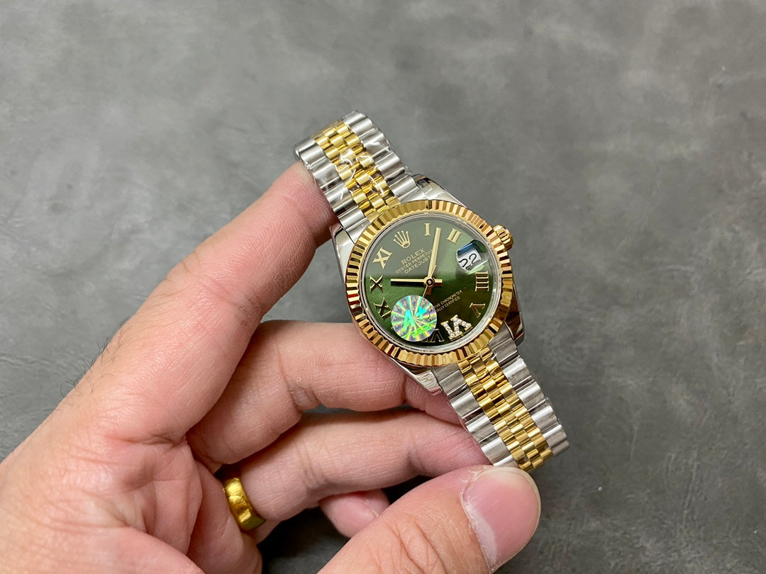 DATEJUST 36MM GOLD STEEL DIAMOND NUMERALS GREEN DIAL