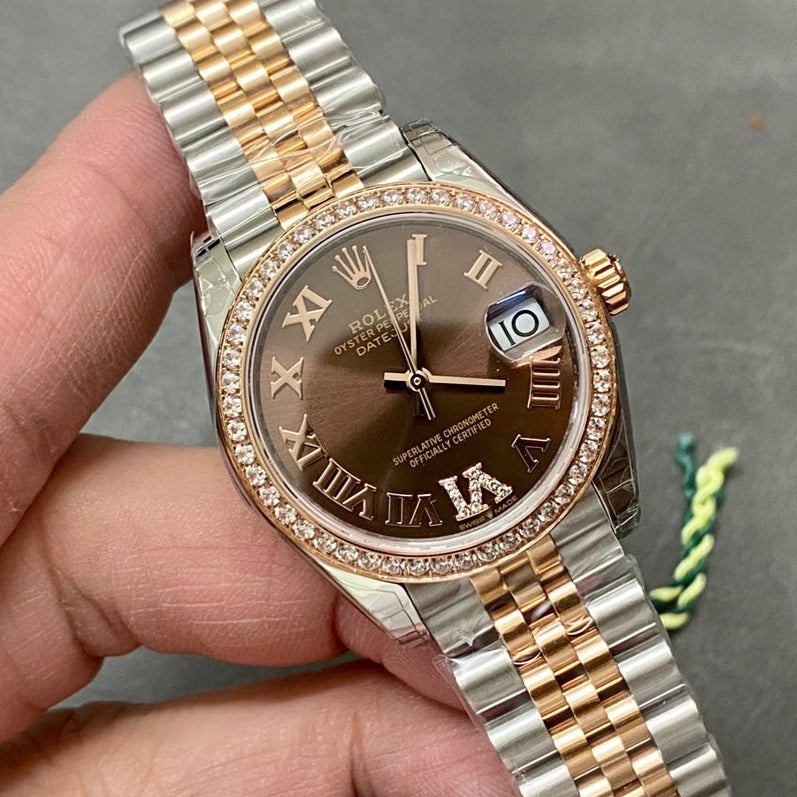 DATEJUST 31MM PINK GOLD STEEL CHOCOLATE DIAL