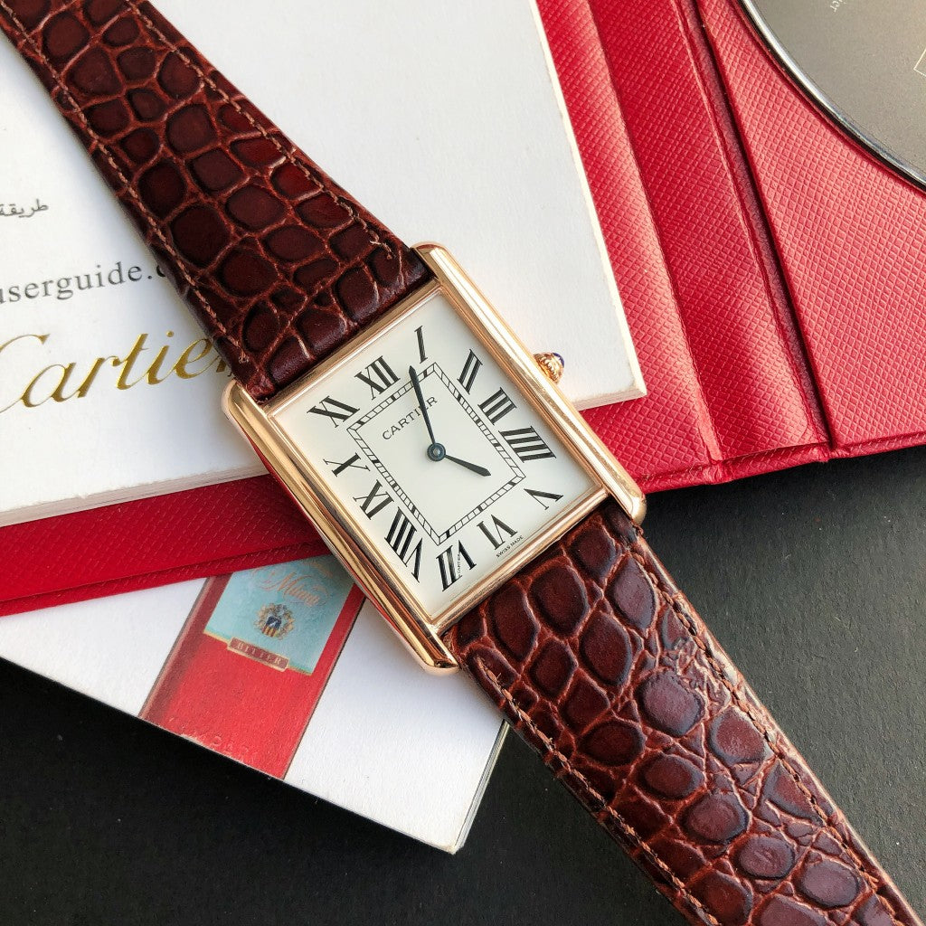 TANK SOLO QUARTZ PINK GOLD CASE BROWN LEATHER