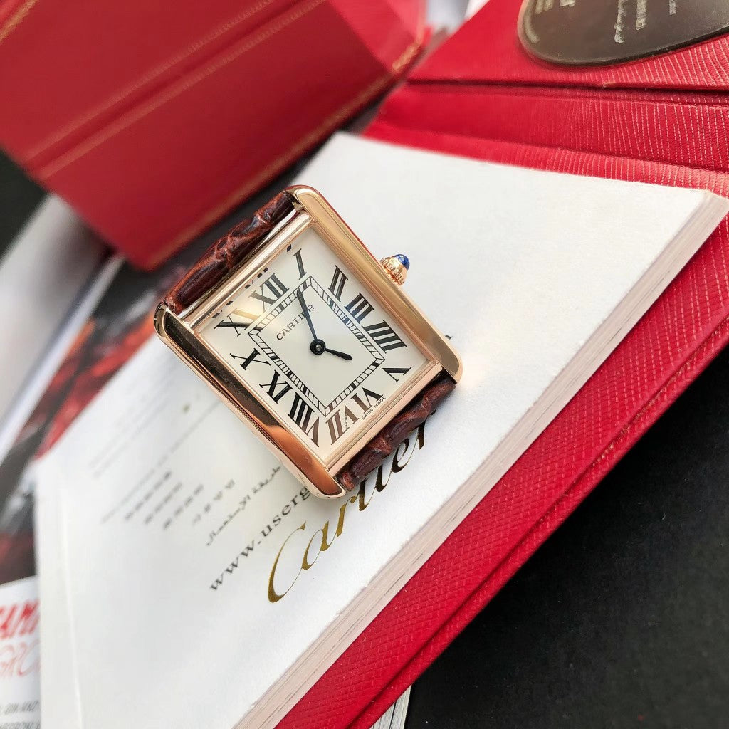 TANK SOLO QUARTZ PINK GOLD CASE BROWN LEATHER