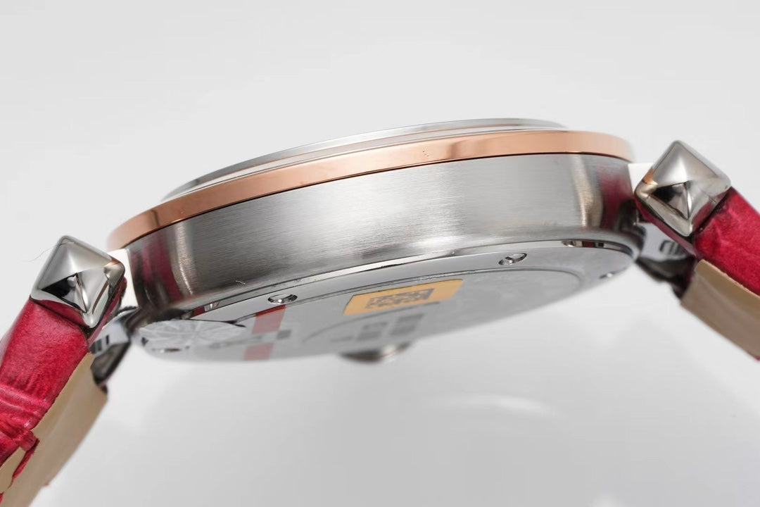 pasha 30mm quartz pink gold white dial red leather