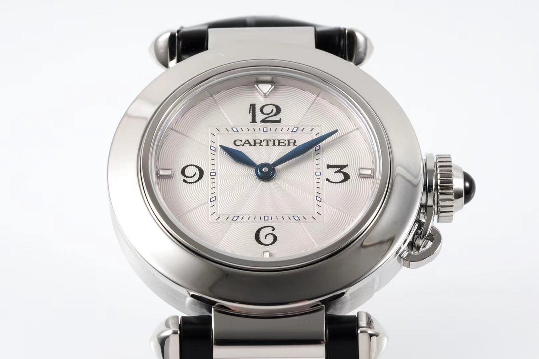 pasha 30mm quartz stainless steel white dial black leather