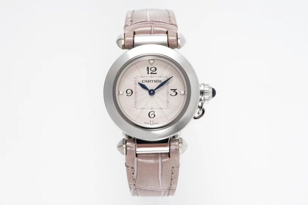 pasha 30mm quartz stainless steel pink dial light brown leather
