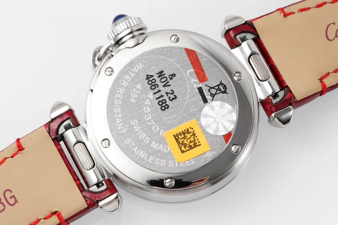 pasha 30mm quartz stainless steel white dial red leather