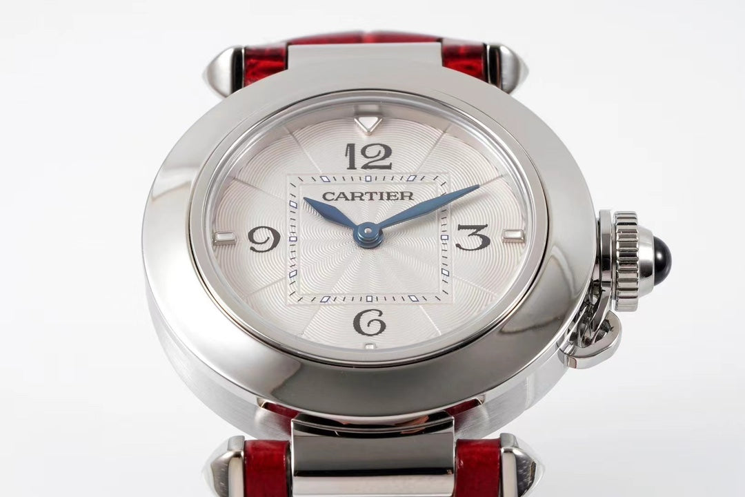 pasha 30mm quartz stainless steel white dial red leather