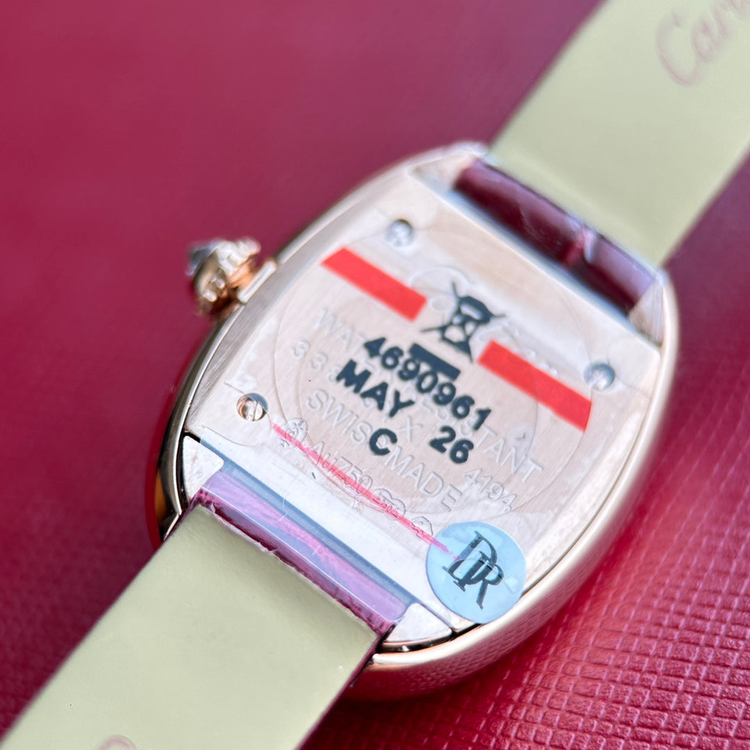 Baignoire 23mm Pink Gold Case Diamond Bezel Red Leather Strap