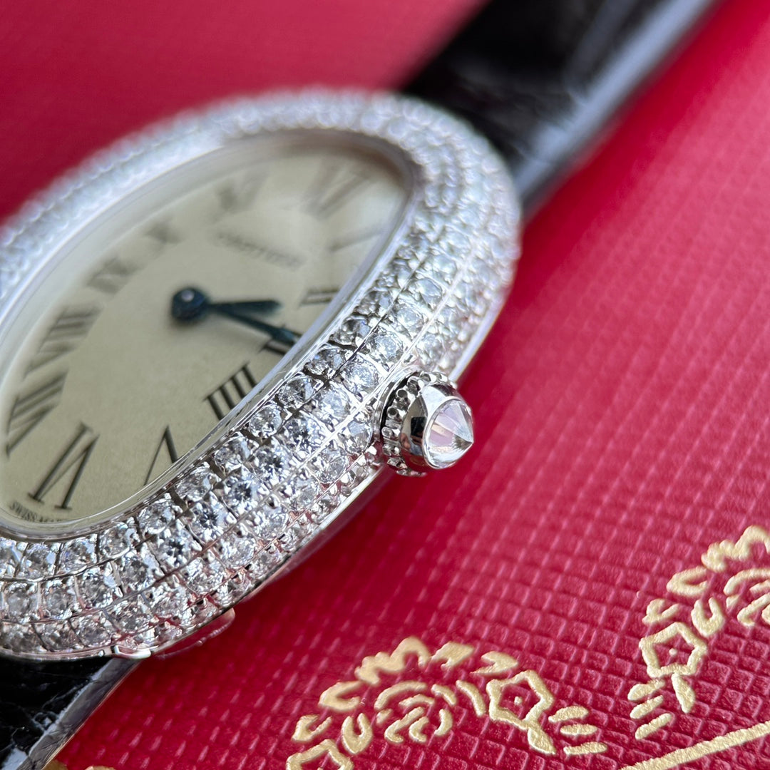 Baignoire 23mm Silver Case Diamond Bezel Black Leather Strap