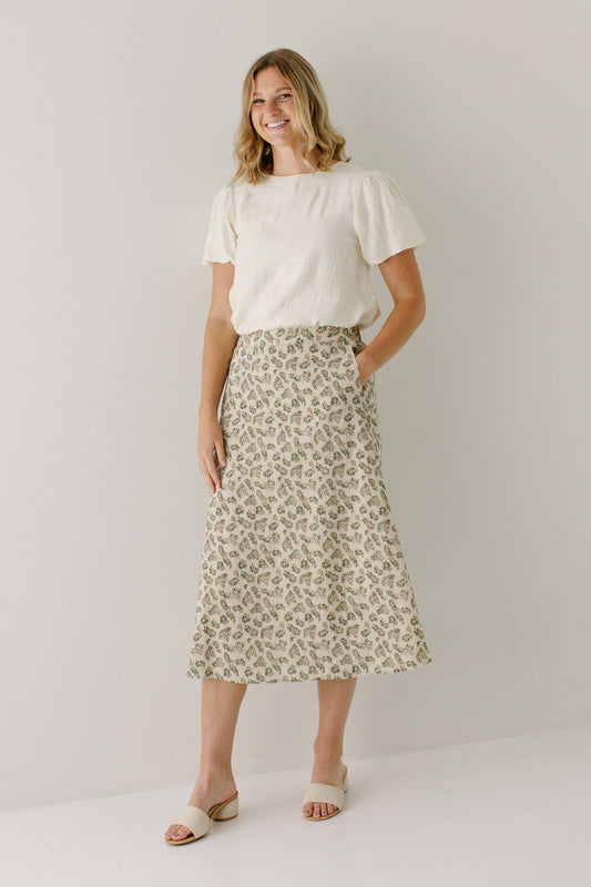 'Acacia' Leaf Print Cotton Midi Skirt in Tan FINAL SALE