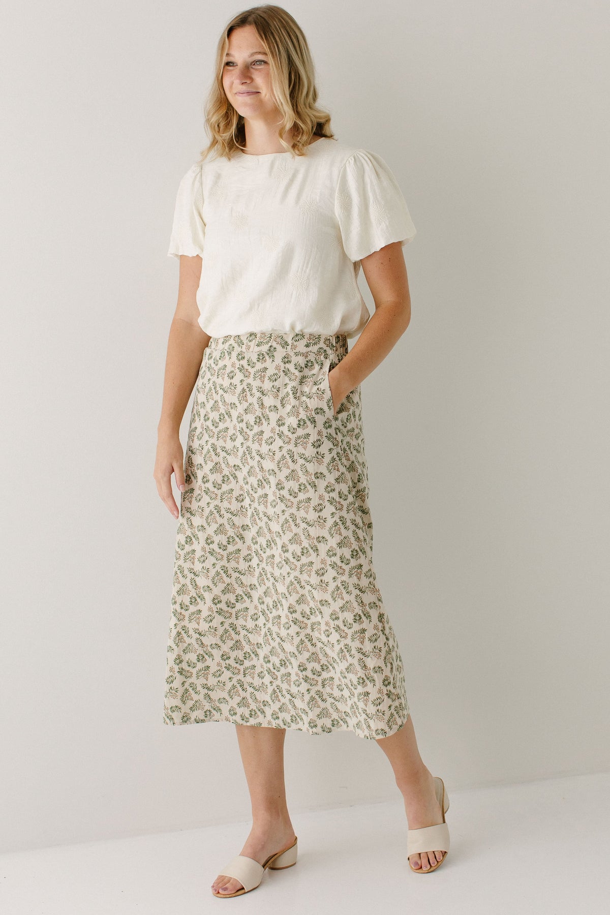 'Acacia' Leaf Print Cotton Midi Skirt in Tan FINAL SALE