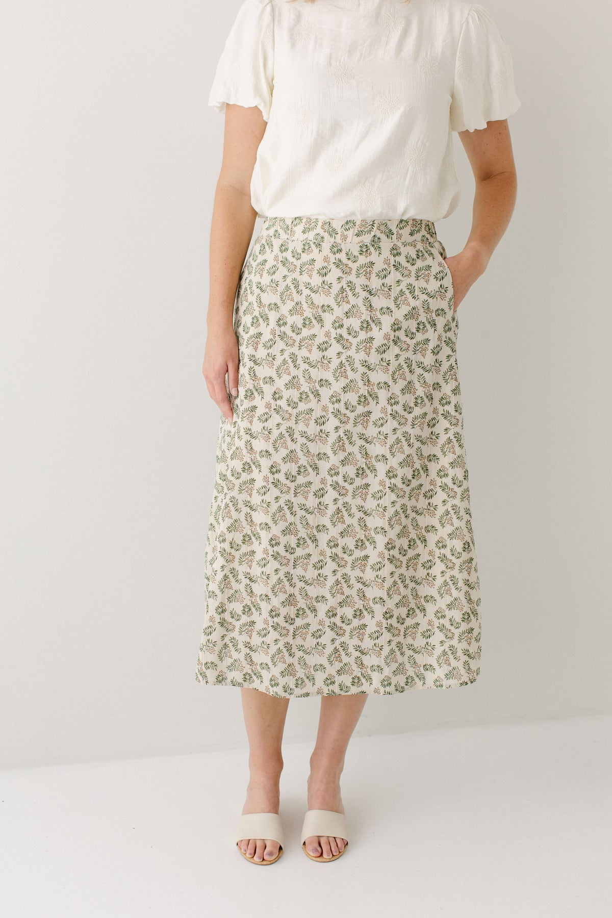 'Acacia' Leaf Print Cotton Midi Skirt in Tan FINAL SALE