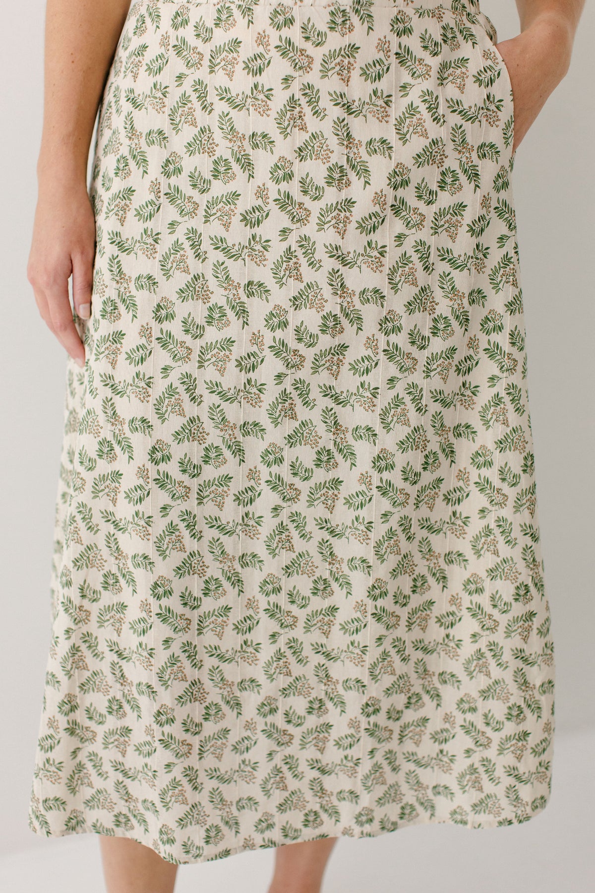 'Acacia' Leaf Print Cotton Midi Skirt in Tan FINAL SALE