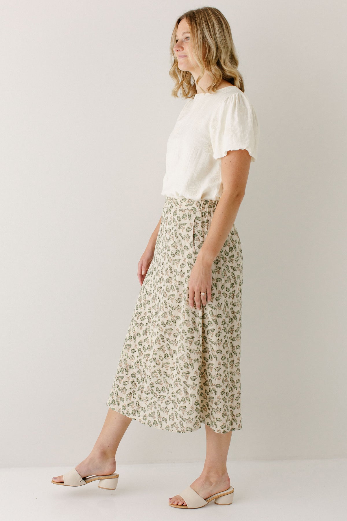'Acacia' Leaf Print Cotton Midi Skirt in Tan FINAL SALE