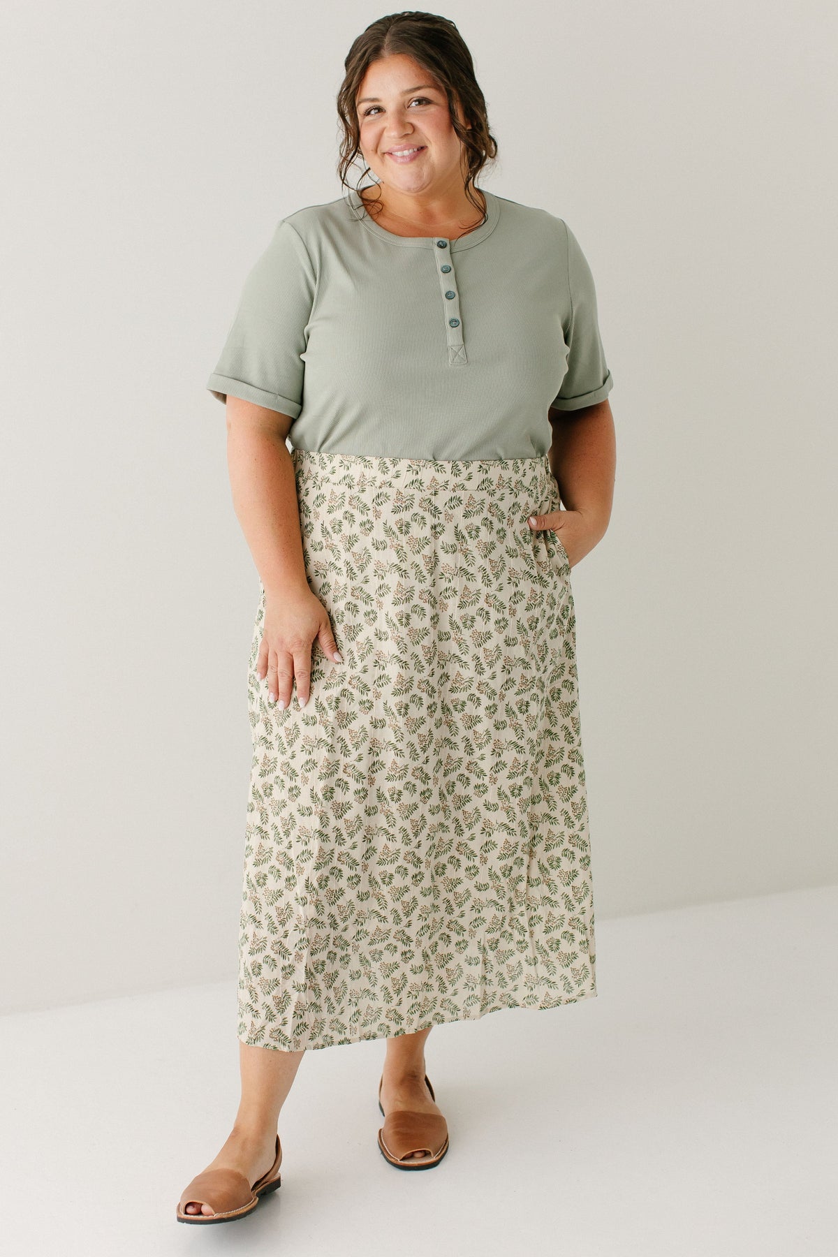 'Acacia' Leaf Print Cotton Midi Skirt in Tan FINAL SALE