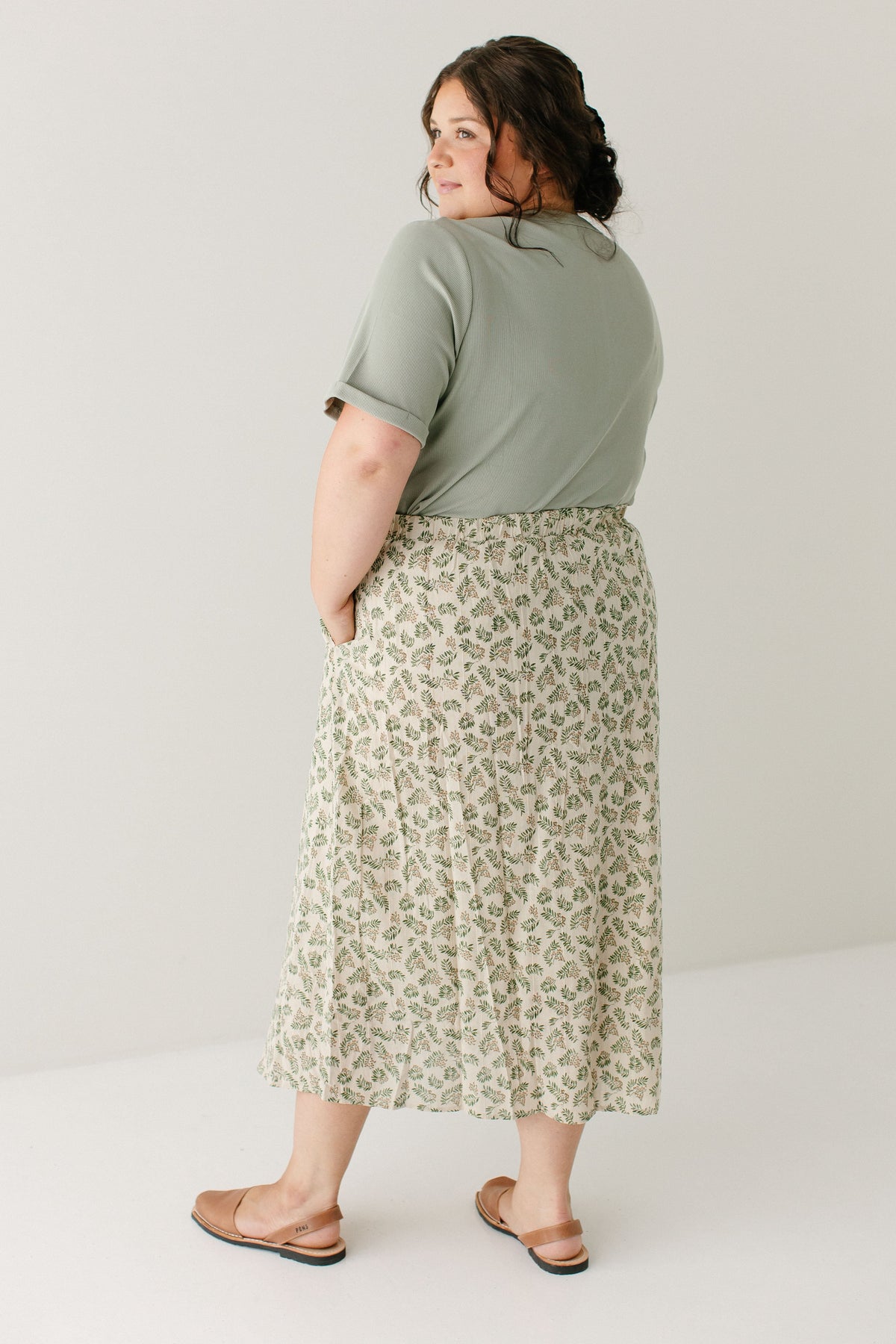 'Acacia' Leaf Print Cotton Midi Skirt in Tan FINAL SALE