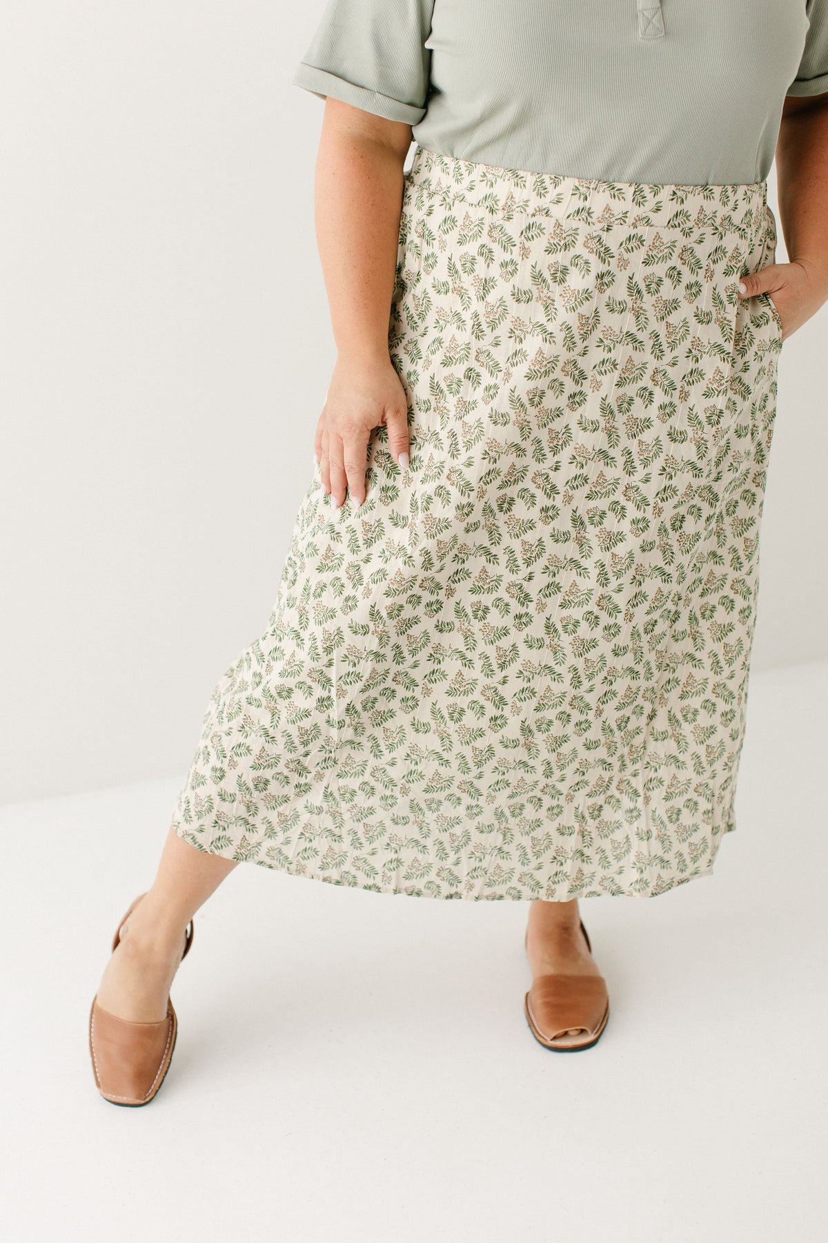 'Acacia' Leaf Print Cotton Midi Skirt in Tan FINAL SALE