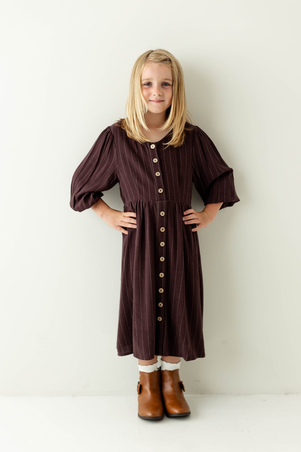 'Addy' Girl Button Down Striped Linen Blend Dress