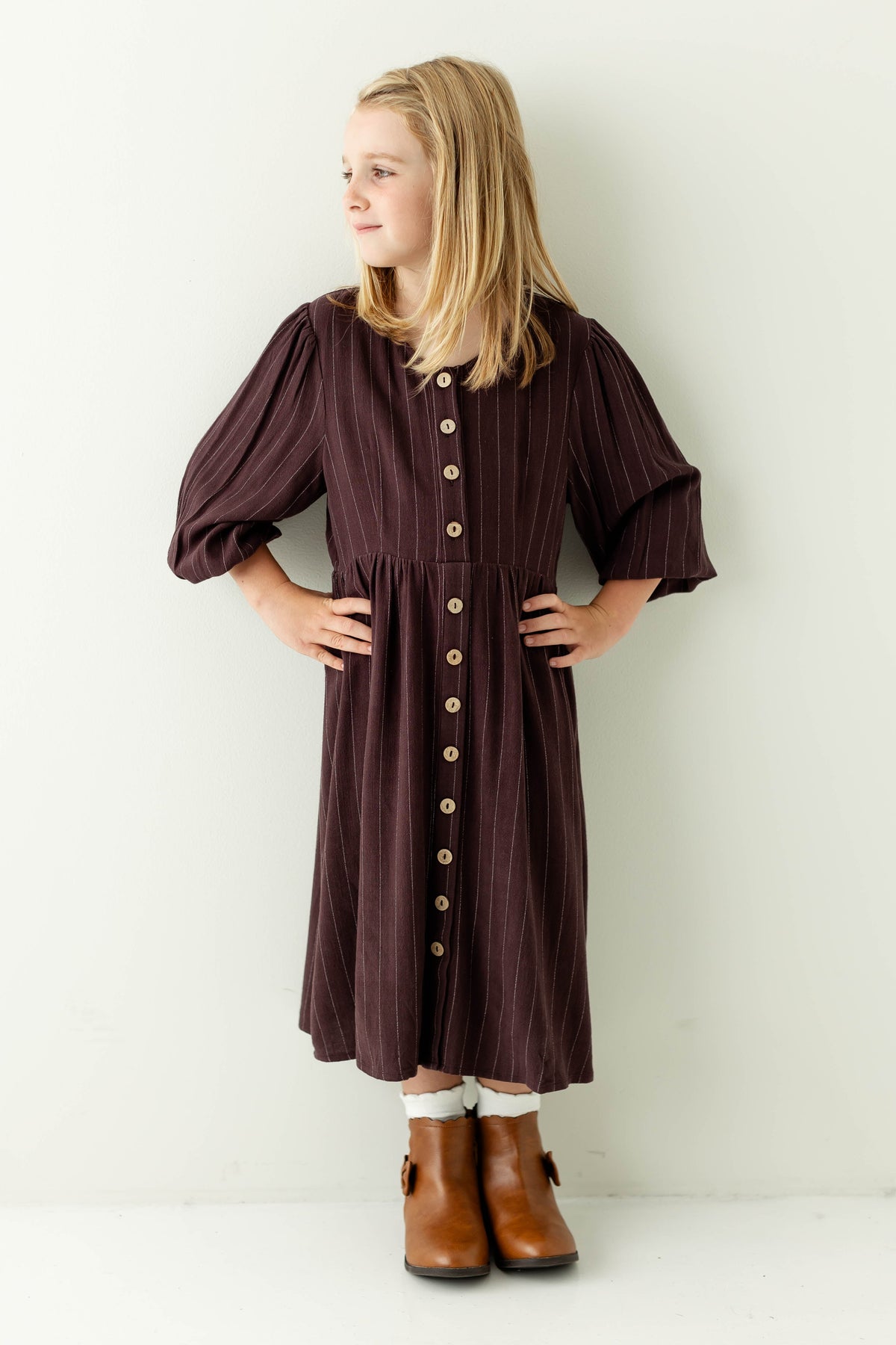 'Addy' Girl Button Down Striped Linen Blend Dress