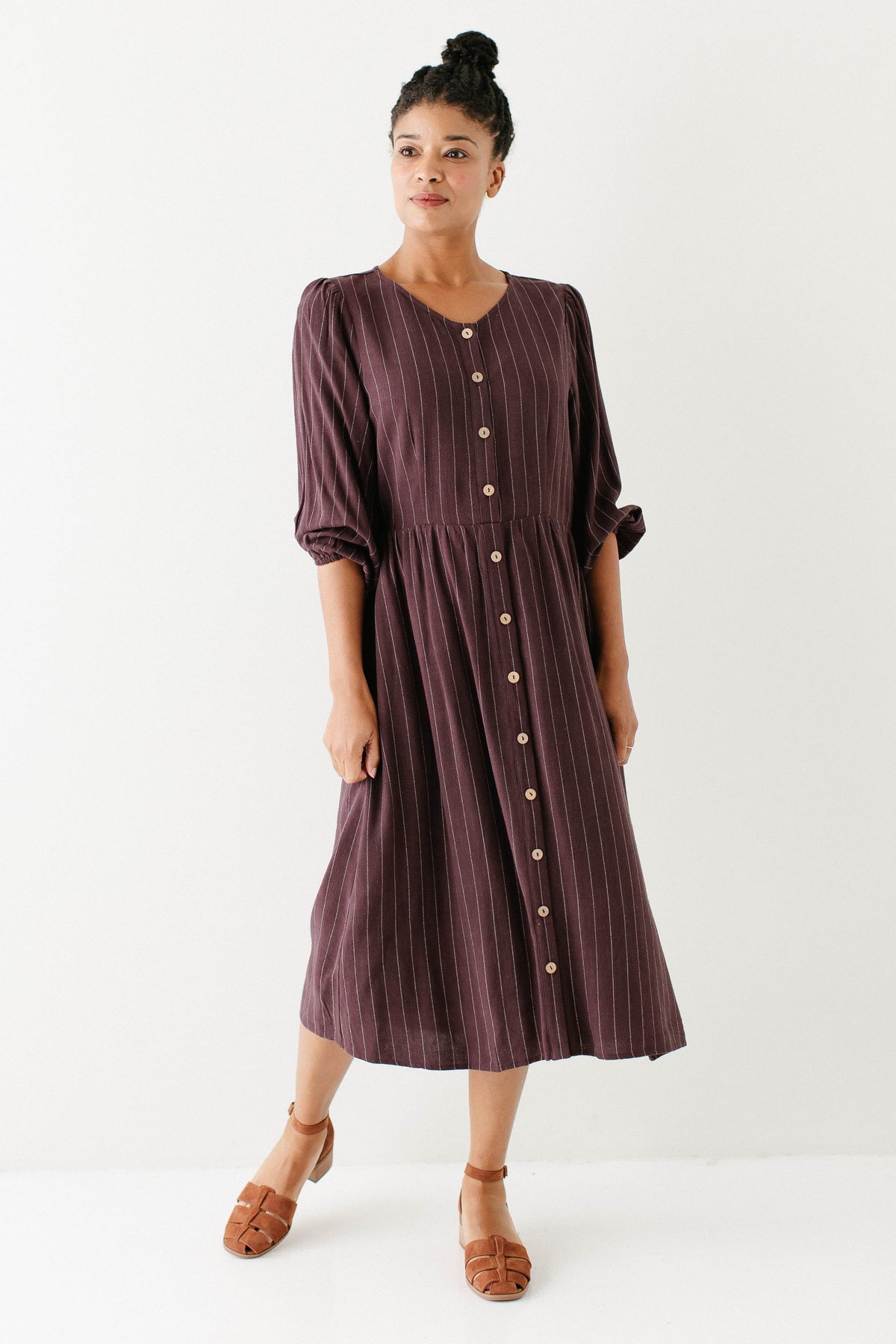 'Addy' Button Down Striped Linen Blend Dress