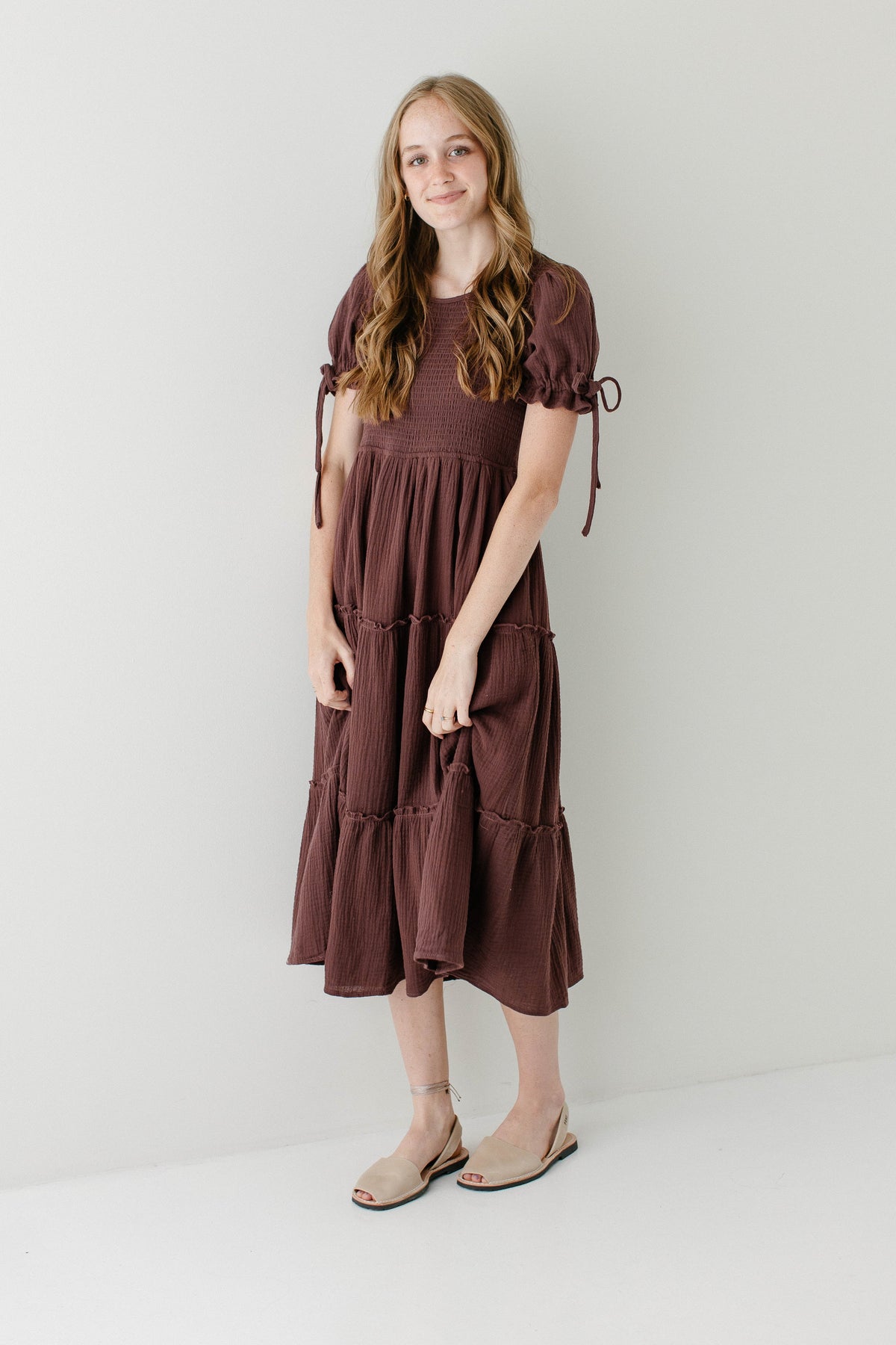 'Adriel' Cotton Gauze Smocked Bodice Midi Dress
