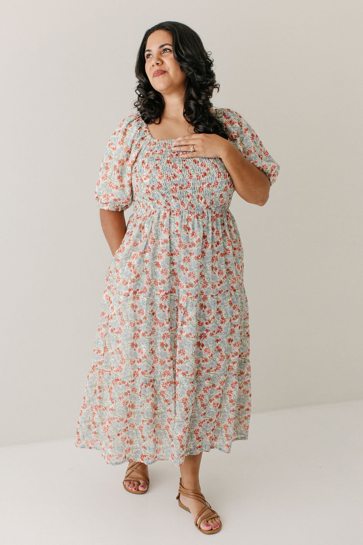 'Adelyn' Smocked Bodice Floral Embroidered Dress in Light Tan FINAL SALE