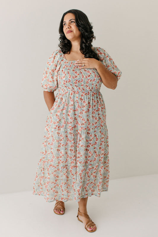 'Adelyn' Smocked Bodice Floral Embroidered Dress in Light Tan FINAL SALE