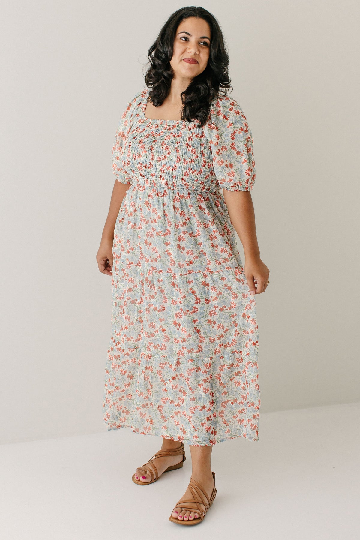 'Adelyn' Smocked Bodice Floral Embroidered Dress in Light Tan FINAL SALE