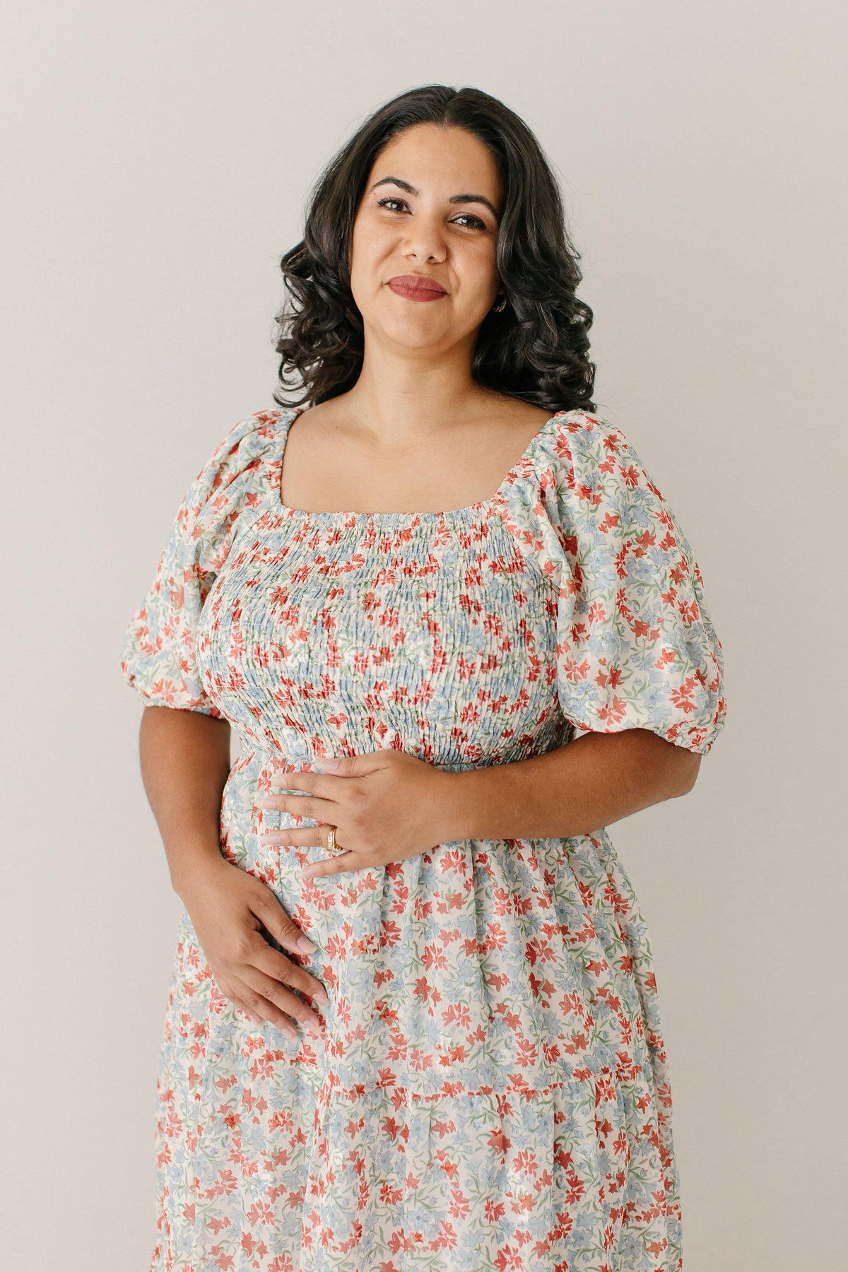 'Adelyn' Smocked Bodice Floral Embroidered Dress in Light Tan FINAL SALE