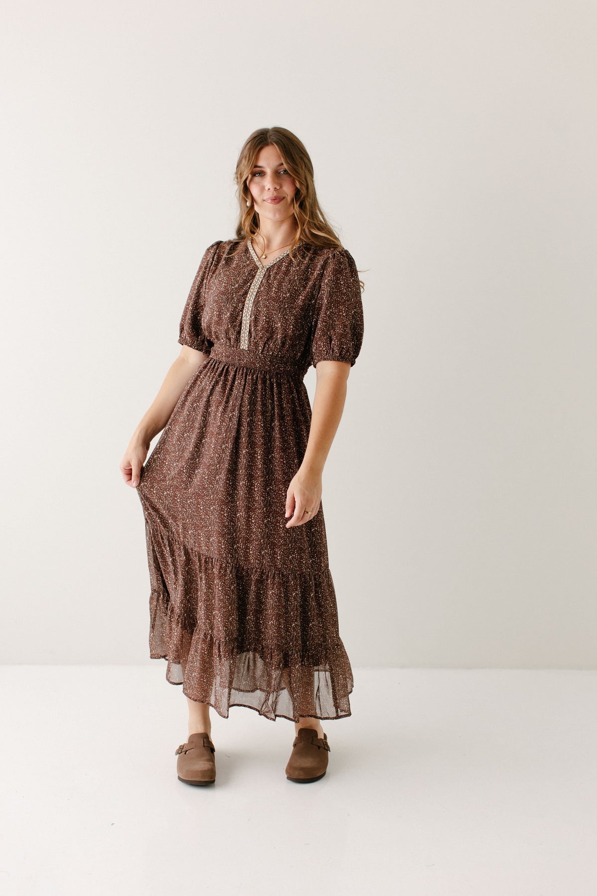 'Adamina' Embroidered Trim Ditsy Floral Maxi Dress